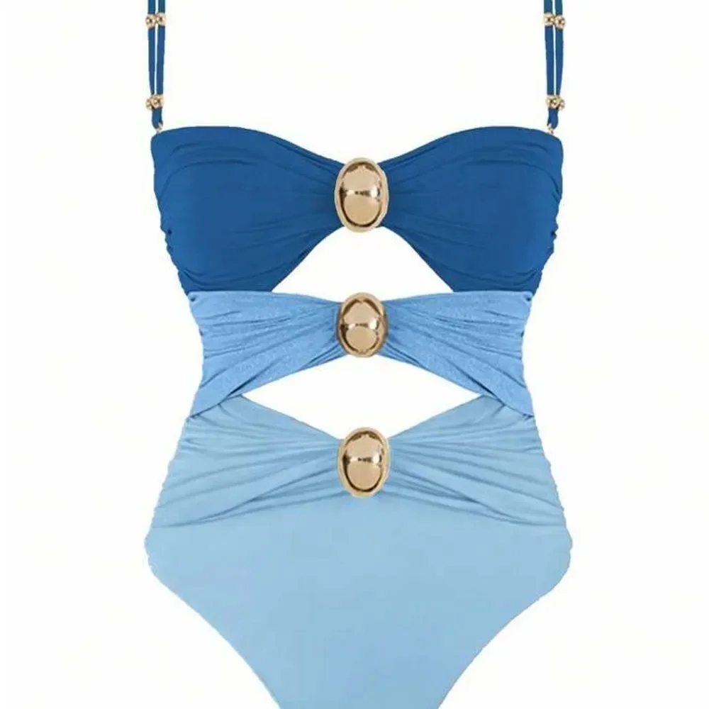 Shein Women's Multi-Color Hollow Out Beach Wear One-Piece Swimsuit blue